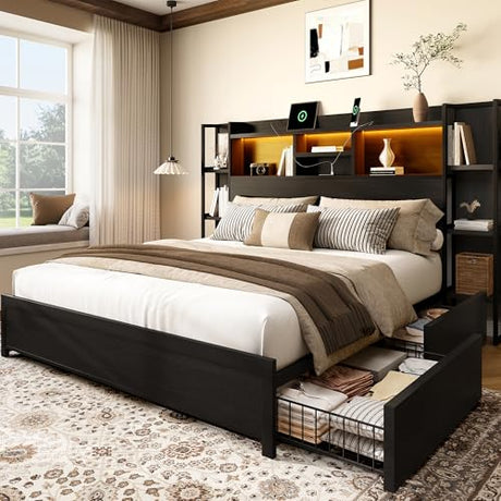 BRELTAM King Size Bed Frame with 4 Storage Drawers and Headboard Featuring Shelf Storage, Wooden Platform Bed Frame with LED Lights and Charging Station, Easy Assembly/No Box Spring Needed/Black BRELTAM