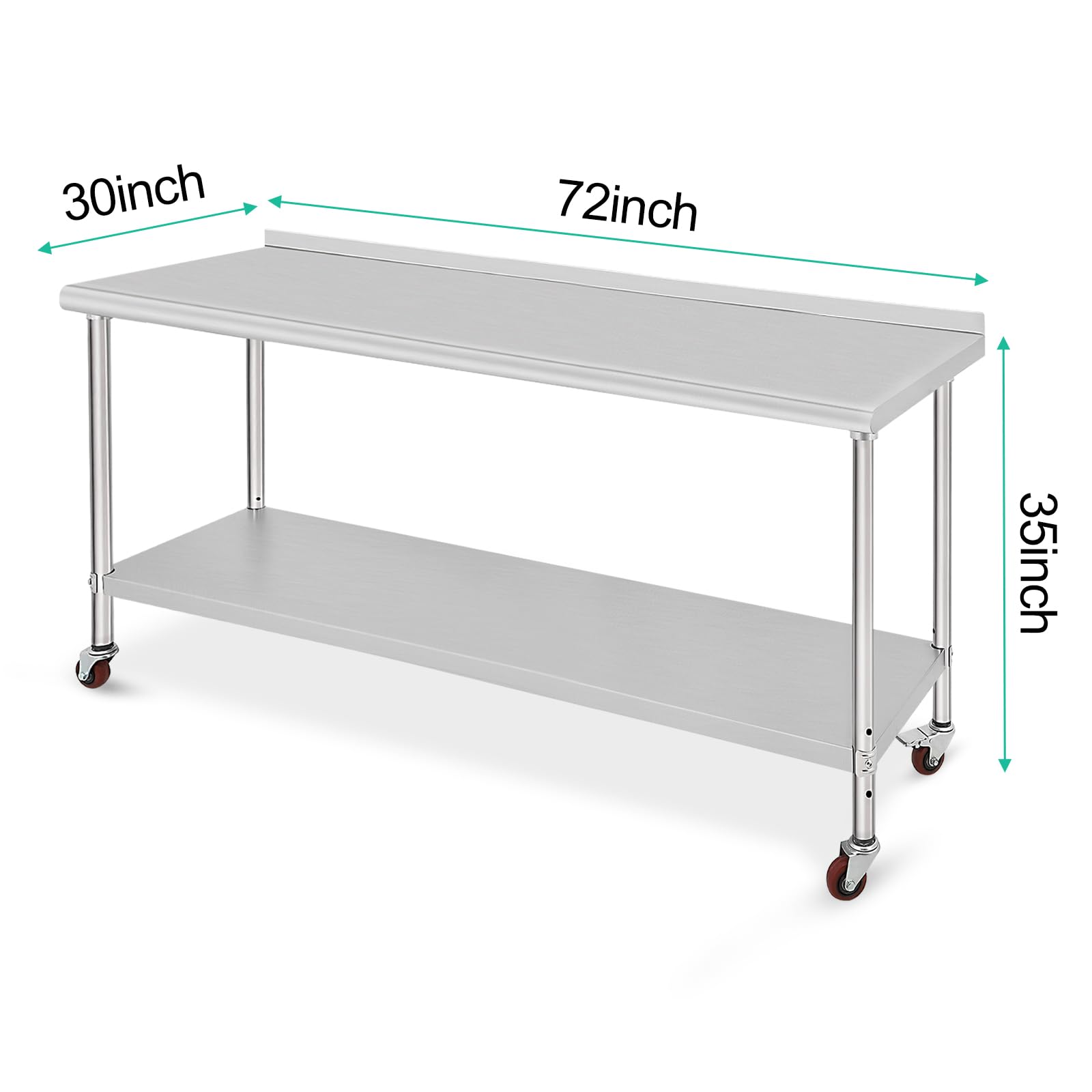 ACONEE 72" x 30" with Caster, Backsplash Stainless Steel Work Table, 72 x 30 Inches, Silver - WoodArtSupply