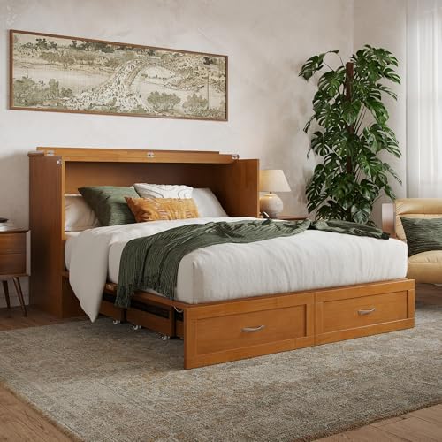AFI Hamilton Queen Murphy Bed Chest with Mattress, Storage, and Built-in Charger in Light Toffee AFI
