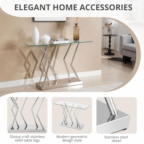 BECHAEO Tempered Glass Console Table for Entryway, 43.3" Modern Console Table with Chromed Legs, Silver Sofa Table for Living Room Hallway Entryway BECHAEO