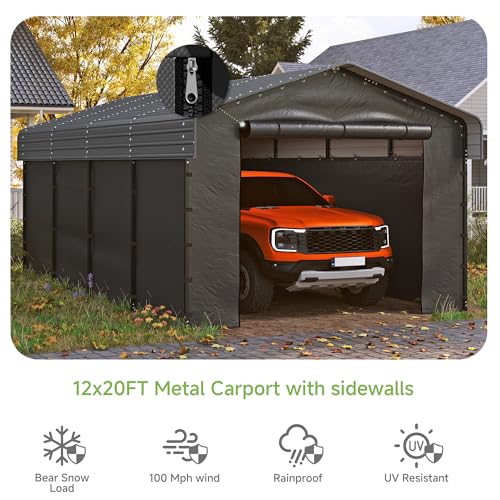 Real Relax 12'x20' Heavy Duty Metal Carport, Outdoor Garage Car Shelter Shade with Galvanized Roof & Removable Sidewalls, Heavier Metal Frame for Car and Boats, Truck Grey Real Relax