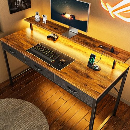 Huuger 55 inch Computer Desk with 3 Drawers, Office Desk Gaming Desk with LED Lights & Power Outlets, Home Office Desks with Storage Space for Bedroom, Work from Home, Rustic Brown - WoodArtSupply