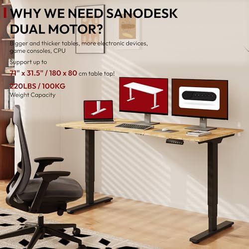 SANODESK Standing Desk 3 Stages Dual Motor 60 inch Whole-Piece Real Bamboo Desktop Height Adjustable Desk for Home Office Stand Up (Black Frame/ 60" Curved Natural Bamboo Top) SANODESK