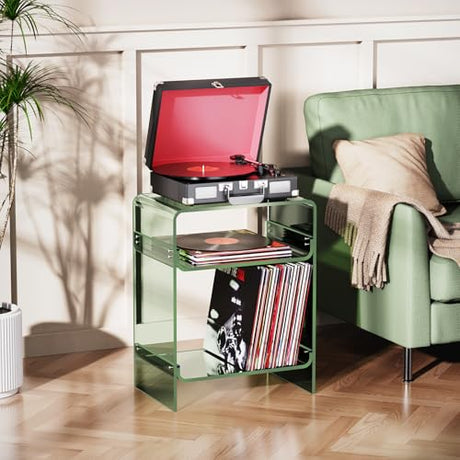 Acrylic Record Player Table with Storage Shelf, Clear Side Table Nightstand (Green, Large) Acrylicolor
