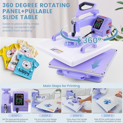 Whubefy Heat Press 15x15 inch 8 in 1 with 30OZ Tumbler Press, Slide Out 360° Swing Away Digital Shirt Press Machine, Industrial-Quality Heat Transfer Sublimation for T-Shirt/Tumbler/Mug/Hat/Cap/Plate Whubefy