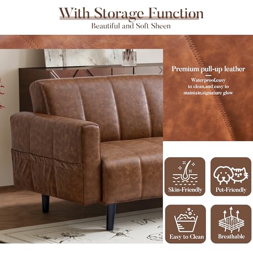 hausway 83”Faux Leather Futon Couch,Mid Century Modern Convertible Faux Leather Sofa with Adjustable Backrest,Storage Pocket,Wooden&Steel Frame for Office,Living Room,Space-Saving,Brown hausway