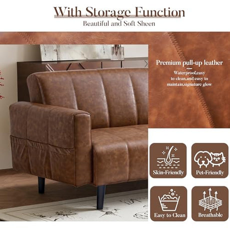 hausway 83”Faux Leather Futon Couch,Mid Century Modern Convertible Faux Leather Sofa with Adjustable Backrest,Storage Pocket,Wooden&Steel Frame for Office,Living Room,Space-Saving,Brown hausway