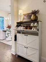 Nicetree Shaker Barn Door Shoe Cabinet, 3 Flip Drawers & 3Tier Adjustable Shelves, Ultra Slim Freestanding, Modern Rustic Brushed White Farmhouse Shoe Rack for Entryway, Hallway, Foyer & Mudroom White Nicetree