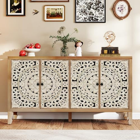 Furnivado Buffet Cabinet with Storage, Accent Cabinet with 4 Carved Doors, Solid Wood Sideboard with Adjustable Shelf, Vintage Cabinets for Kitchen, Living Room, Entryway, White&Natural Furnivado