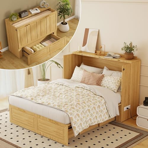Jotirxe Full Murphy Bed Cabinet: Oak Cabinet Bed with Charging Station, Cube Murphy Beds with Drawers, Modern Hidden Beds for Small Spaces, Guest Room and Office Jotirxe