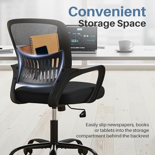 DUMOS Home Office Computer Chair - Ergonomic Mid Back Desk with Lumbar Support and Rocking Mode, Height Adjustable with Fixed Armrest, for Conference Meeting Room, 360° Swivel, Adults, Black DUMOS