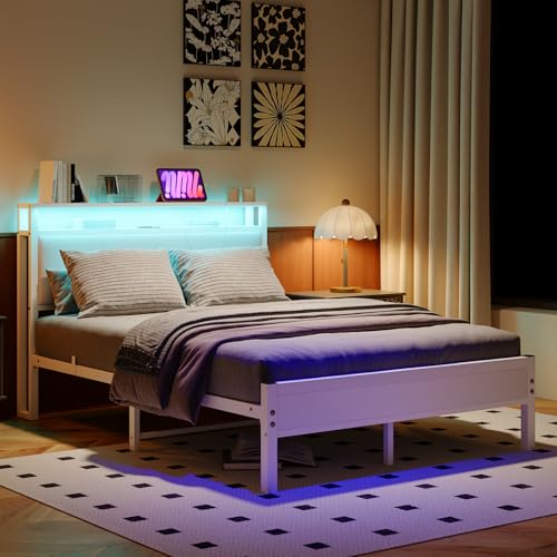 VECOCHO Full Size Bed Frame with LED Lights,Upholstered Headboard with Storage Shelves&Charging Station, Heavy Duty LED Bed Frame Full Mattress Foundation No Box Spring Needed, Noise Free,White VECOCHO