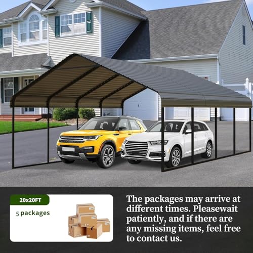 Poborin 20x20 ft Metal Carport for Outdoor Garages Steel Heavy Duty Portable Garage with Large Tall Carports Canopy for Snow, Car Ports with Galvanized Steel Roof & Frame - Grey Poborin