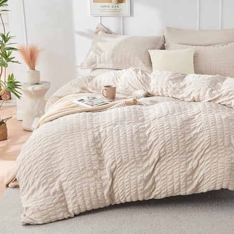 HYMOKEGE Beige Duvet Cover Queen Size, Ultra Soft 3-Piece Seersucker Duvet Cover Set with Zipper Closure, Soft Brushed Microfiber Bedding Set with 8 Corner Ties (90"x90", 2 Pillowshams) HYMOKEGE