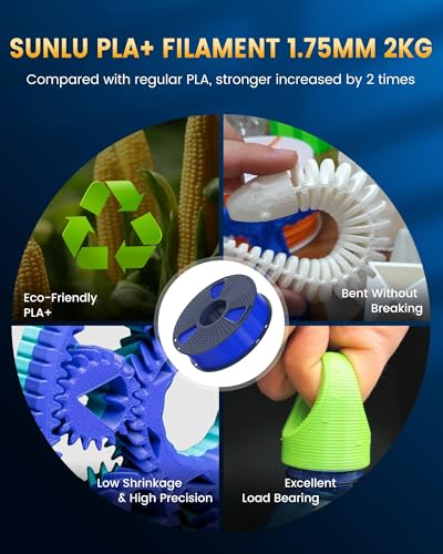 SUNLU PLA+2.0 3D Printer Filament Bundle, 4KG Upgrade PLA+ Filament 1.75mm, Tougher and Stronger, Dimensional Accuracy +/-0.02mm, 1KG per Spool, 4 Packs, 4KG Total, Black+White+Klein Blue+Red SUNLU