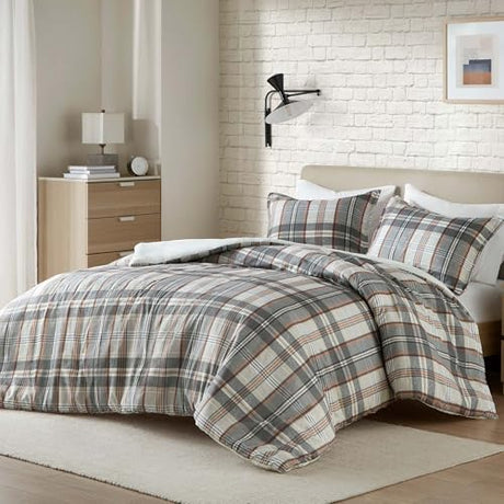 Intelligent Design Queen Duvet Cover Set Plaid Classic Cabin Lodge Duvet Cover Queen Size, Modern Casual Lightweight All Season Bedding Cover Queen, Matching Shams, Blake, Full/Queen Tan/Gray 3 Piece Intelligent Design