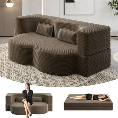 78" Full Size Convertible Futon Sofa Bed, Plush Corduroy Folding Sleeper Sofa Bed with Pillow, Foam Mattress Futon Loveseat Couch, No Assembly Floor Couches for Living Room, Playroom, Apartment, Brown