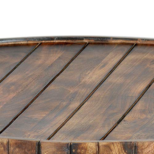 The Urban Port 34-Inch Handmade Wooden Round Coffee Table with Plank Design, Burned Brown TUP THE URBAN PORT