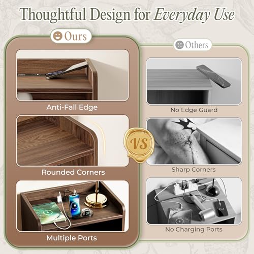 Huuger Nightstand with Charging Station, USB-C Port, Fluted Night Stand Set of 2, Bed Side Table with Drawer, Solid Wood Feet, Open Storage, End Table with Raised Edge, for Bedroom, Walnut Huuger