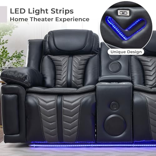 Power Electric Recliner Sectional Sofa Couch with Bass Speakers for Living Room, Faux Leather Sectional Reclining Corner Couches Sets with LED Lights, Home Theater Sectionals with Recliners, Black