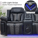 Power Electric Recliner Sectional Sofa Couch with Bass Speakers for Living Room, Faux Leather Sectional Reclining Corner Couches Sets with LED Lights, Home Theater Sectionals with Recliners, Black