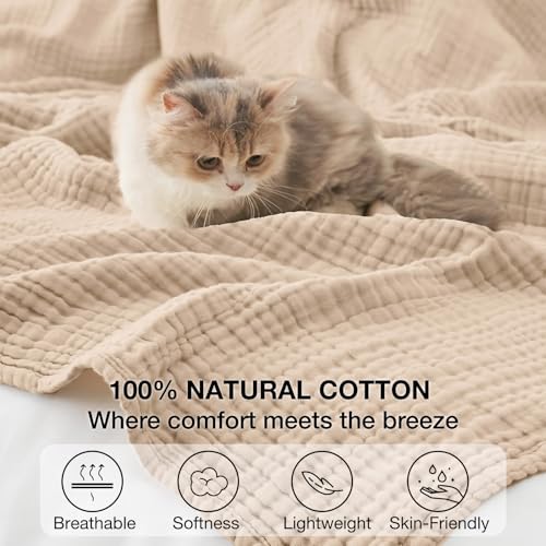 100% Cotton Muslin Blanket Queen 90" x 90", 6 Layers Breathable and Lightweight Cotton Throw Blanket for Bed, Soft Quilt Bedspread Coverlet, Gauze Blanket for Adults All Season, Beige Linen, Oatmeal Kozyhvn