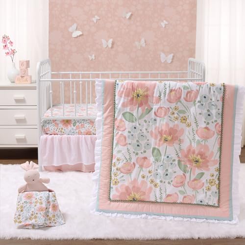 The Peanutshell 4 Piece Organic Cotton Baby Crib Bedding Set for Girls - Newborn, Infant & Toddler Nursery Bed Set Decor with Two Crib Sheets, Dust Ruffle Comforter - Wildflower The Peanutshell