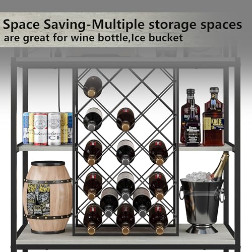 furomate Wine Cabinet with Power Outlets & LED Lights, 5-Tier Industrial Wine Bar Cabinet with Glass Holder, Home Bar Furniture, Wine Ranks for Liquor and Wine Storage, Grey - WoodArtSupply