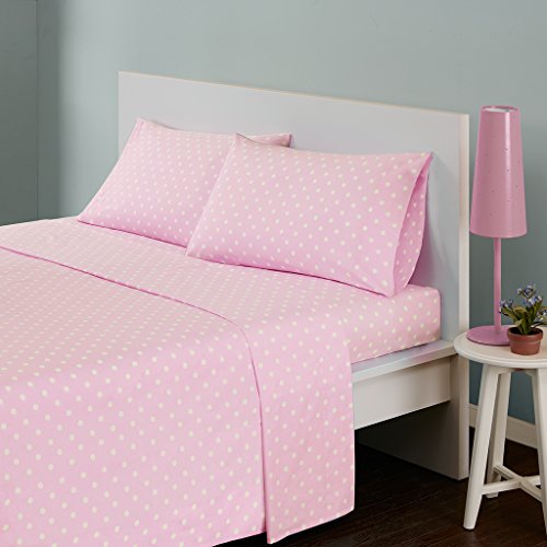 Intelligent Design Pink Full Size Sheet Sets Kids Polka Dot Sheets for Girls 100% Cotton Percale Soft Flat and Fitted Sheet, Pillowcase, Breathable All Season Bed Set, Fits up to 14" Mattress Intelligent Design