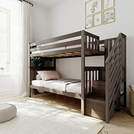 Max & Lily Bunk Bed, Twin-Over-Twin Bed Frame For Kids With Stairs, Clay Max & Lily