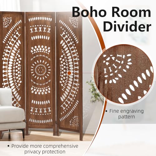 Aletheiawu Room Divider Panel, 6 Panel Boho Room Divider Wall, Wood Room Dividers and Folding Privacy Screens, Boho Room Partitions and Dividers for Bedroom, Dark Brown Aletheiawu