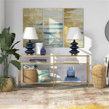 Pemberly Row Modern 64" Metal Console Table, Golden Brass Finish, Tempered Glass Top, 3-Shelf Design, Steel Frame, Stylish Entryway or Sofa Table for Living Room Decor Pemberly Row