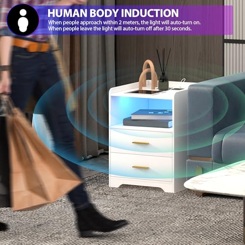 dnbss White LED Nightstand with Charging Station and 24-Color RGB Lights, Smart Night Stand with Human Sensor Lighting, Modern Bedside Table for Bedroom dnbss