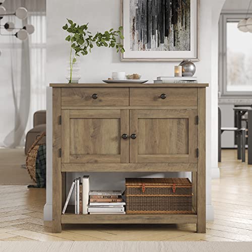 HOSTACK Farmhouse Console Table with 2-Door Cabinet & 2 Drawers, Coffee Bar, Entryway Table with Storage Shelf, Sofa Tables Buffet Sideboard for Kitchen, Hallway, Dining, Living Room, Rustic  - WoodArtSupply