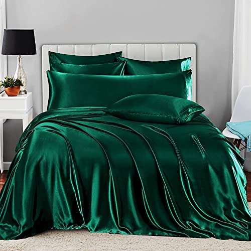 Homiest 7pcs Satin California King Size Bed Set, Blackish Green Luxury Satin Bedding, 1 Deep Pocket Fitted Sheet, 1 Flat Sheet, 4 Pillowcases, 1 Body Pillowcase Homiest