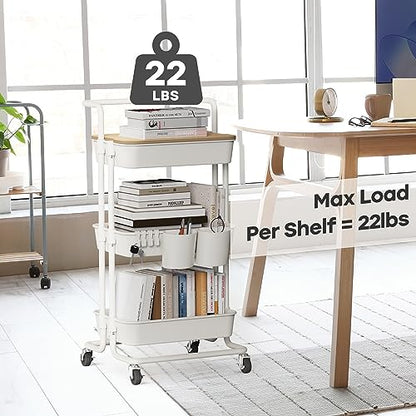 DTK 3 Tier Rolling Utility Cart with Cover Top - Versatile Kitchen and Home Storage Solution in White - WoodArtSupply