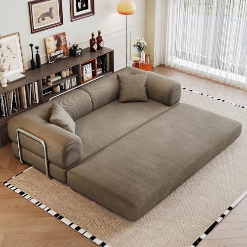 ZEIINPA 79" Convertible Sleeper Sofa Bed, Modern Corduroy Floor Couch Bed with Silver Fixed-Shape Frame, Modular Sofa Couch with Pull Out Bed, Loveseat Sleeper Boneless Couches for Living Room, Camel ZEIINPA
