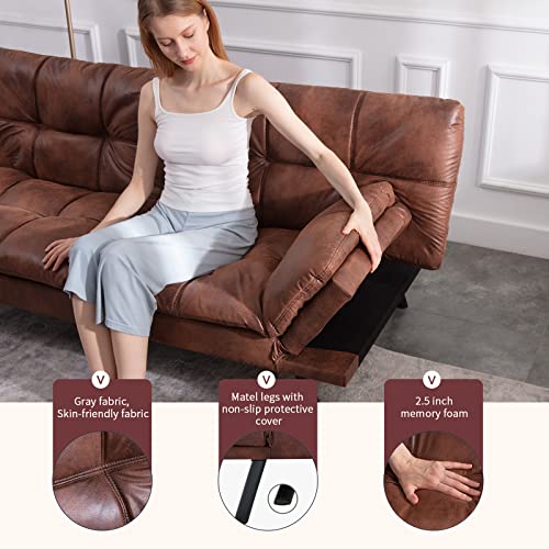 Opoiar Leather Futon Sofa Bed,Convertible Memory Foam Couch Bed,Futon Sets Daybed with Mattress Included,Folding Modern Sleeper Sofa Love seat for RV Car Living Room&Bedroom Small Space,Brown Opoiar