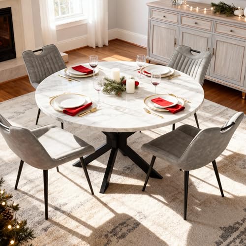 Jocisland 45" Marble Top Round Dining Table and Chairs for 4, Mid Century Modern Dining Room Table Set, Space Saving for Apartment Kitchen (Table + 4 Vertical-Stitching Grey Chairs) Jocisland