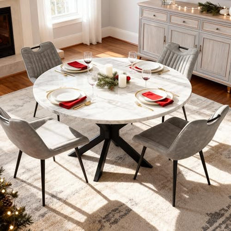 Jocisland 45" Marble Top Round Dining Table and Chairs for 4, Mid Century Modern Dining Room Table Set, Space Saving for Apartment Kitchen (Table + 4 Vertical-Stitching Grey Chairs) Jocisland