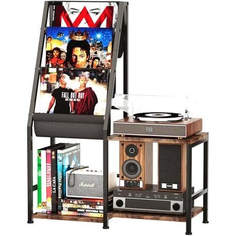 Homeiju Record Player Stand, Vinyl Holders, 3-in-1 Record Cabinet & Turntable Stand, Fits 200 Albums, Vintage Media Storage Organizer, Rustic Brown Homeiju