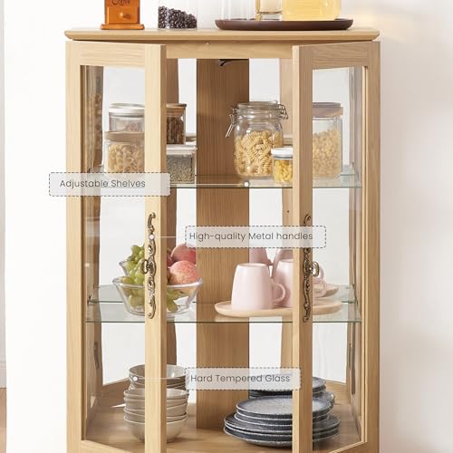 KavlSean 52" H Lighted Display Cabinet, Curio Display Case with 3-Tier Adjustable Shelves, Curio Cabinet with Tempered Glass Doors and Light Bulb, Rack for Living Room Storage (Light Oak) KavlSean