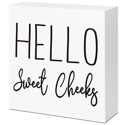 Funny Bathroom Wood Block Signs,Hello Sweet Cheeks Wooden Box Sign for Bathroom Shelf Toilet Restroom Home Tabletop Desk Decor,Rustic Bathroom Sign Decor - WoodArtSupply