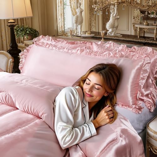 Satin King Comforter Set Silk Like Satin Bedding Set Hotel Soft Polyester Pink Bed Set Luxury Silky Pillow Cover with Quilt Set Ruffle Down Comforter Home Decor Bedding_Dreamer