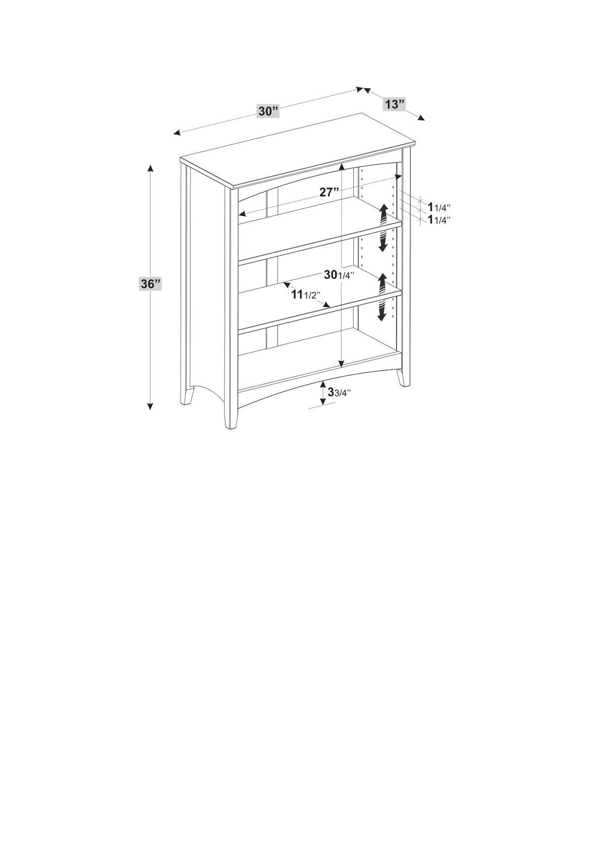Shaker Style 3 Shelf Bookcase / Solid Wood / 36" High / Adjustable Shelving / Closed Back / Display Bookshelf for Living Room, Bedroom, Home and Office, White Camaflexi
