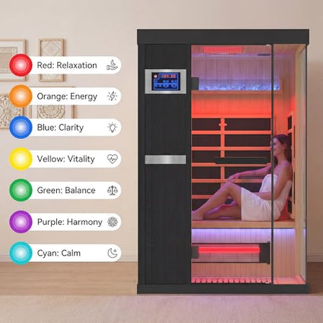 QUYZE 1-2 Person Ultra Low EMF Infrared Sauna, Indoor Wood Sauna with Red Light Therapy & Bluetooth Speakers, Hemlock Home Saun Room/w Control Panel and Tempered Glass Door for Home (Black) QUYZE
