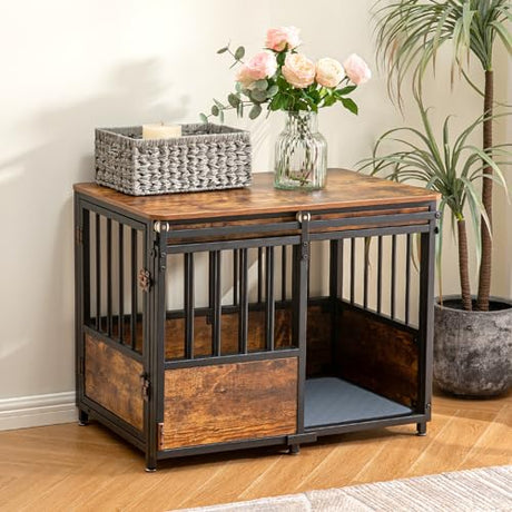 KOOPRO 32 Inch Dog Crate Furniture with Cushion for Large Medium Dogs, Wooden Heavy Duty Dog Kennel with Double Doors, Decorative Pet House Dog Cage Side End Table Indoor, Sliding Door Chew-Resistant KOOPRO