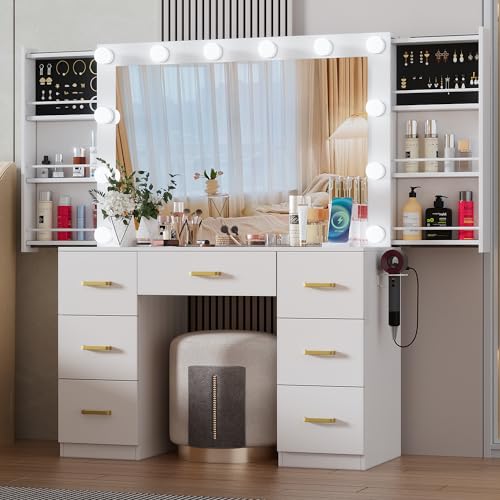 FURNJOYLIFE White Makeup Vanity Desk with Lighted Mirror & Power Outlet,3 Color Modes, Brightness Adjustable,Vanity Table with Drawer,Sliding 2 Storage Wall-Mounted Jewelry,4 Shelves for Bedroom