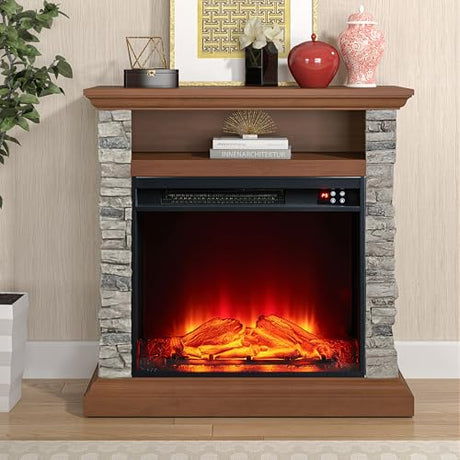 FESTIVITY 32 Inch Freestanding Mantel with 23" Electric Fireplace Insert for Living Room & Bedroom, Realistic Log and Flame Effect, Remote Control, Timer (Brown) FESTIVITY