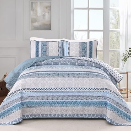 WONGS BEDDING Boho Quilt Set King Size, Blue Bohemian 3 Pieces Quilt Sets, Lightweight Bedspread Coverlet Bedding Set for All Season (104"x90") WONGS BEDDING